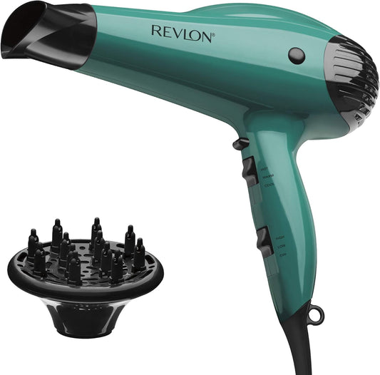 Revlon Volume Booster Hair Dryer front view of green ionic blow dryer with attachments