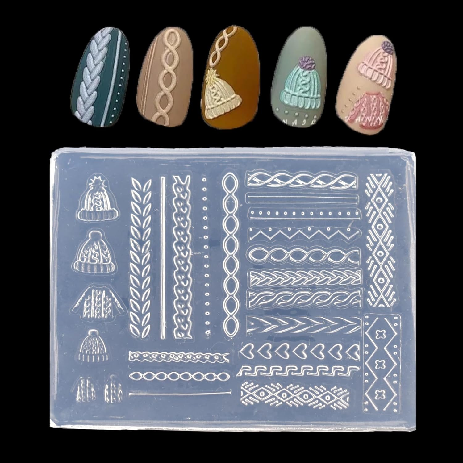 LIFOOST 3D nail art silicone mold front view showing winter sweater patterns