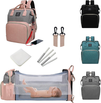 ANWTOTU diaper bag backpack in pink and grey front view showing premium zipper compartments