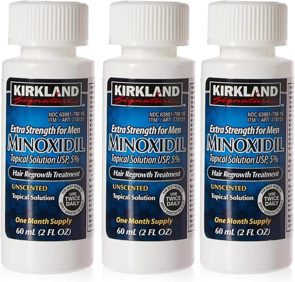 Kirkland Signature Men 5 Percent Minoxidil Topical Solution 3 month supply box front view hair loss treatment