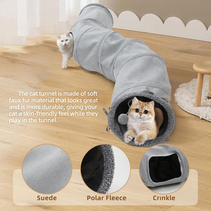 Compact folded cat tunnel showing how the spring-loaded frame compresses down for easy storage.