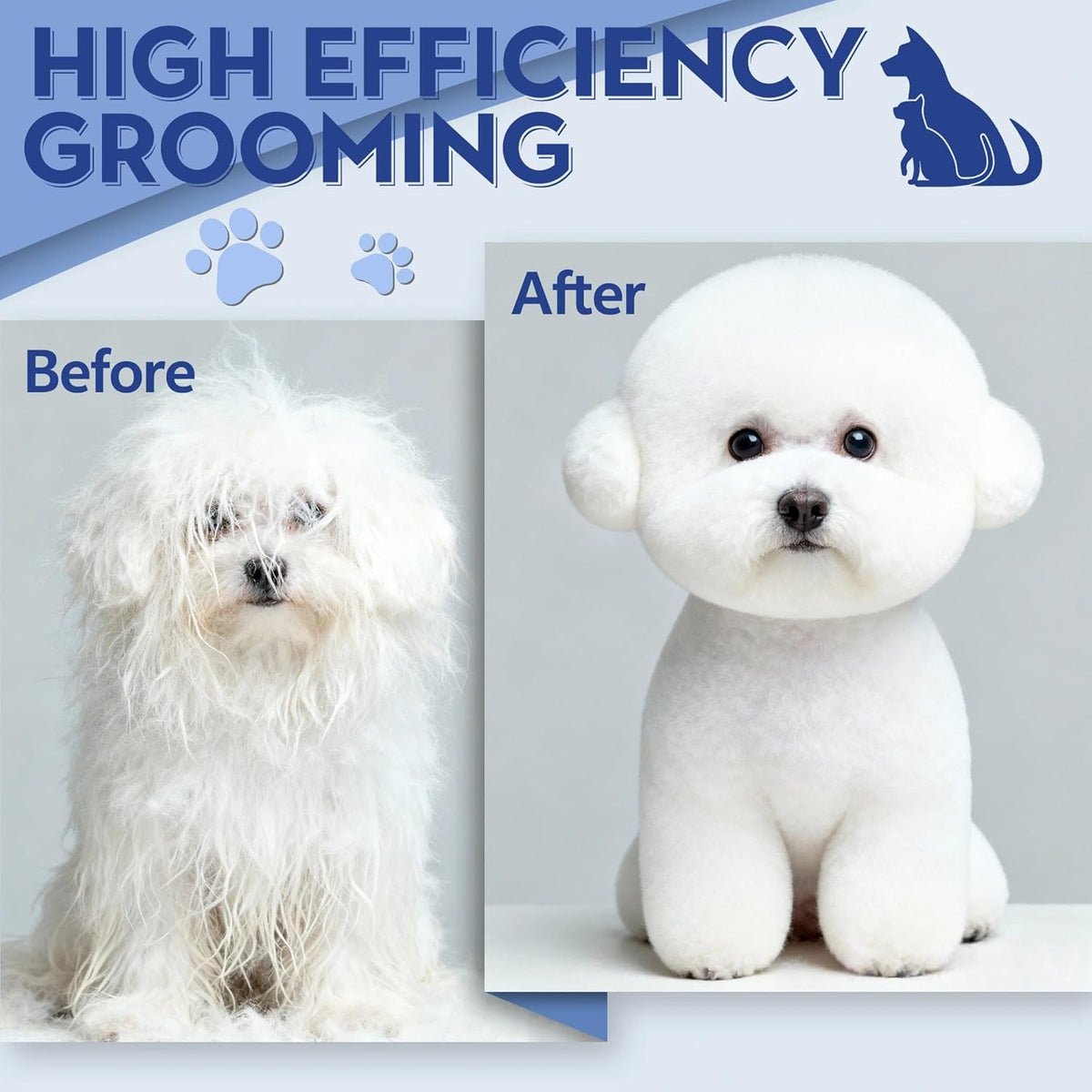 Downward curved blade design showing contouring capability for pet paws and face.
