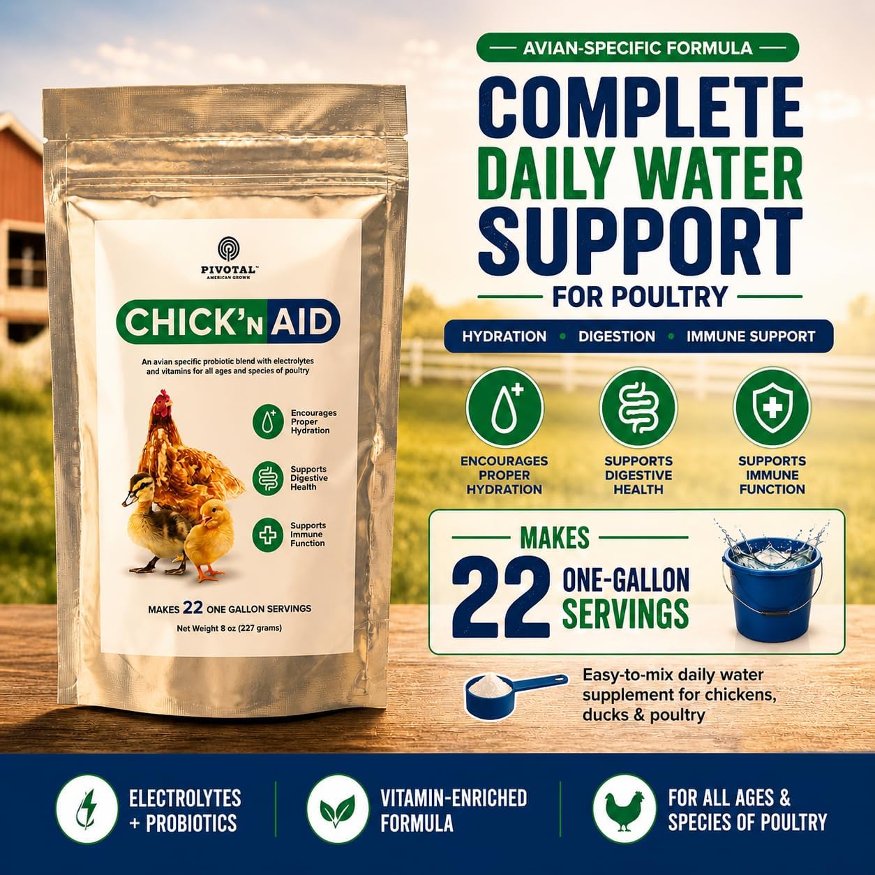 Pivotal Feeds poultry vitamin and electrolyte powder imported pack showcasing probiotic benefits