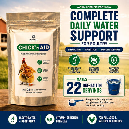 Pivotal Feeds poultry vitamin and electrolyte powder imported pack showcasing probiotic benefits