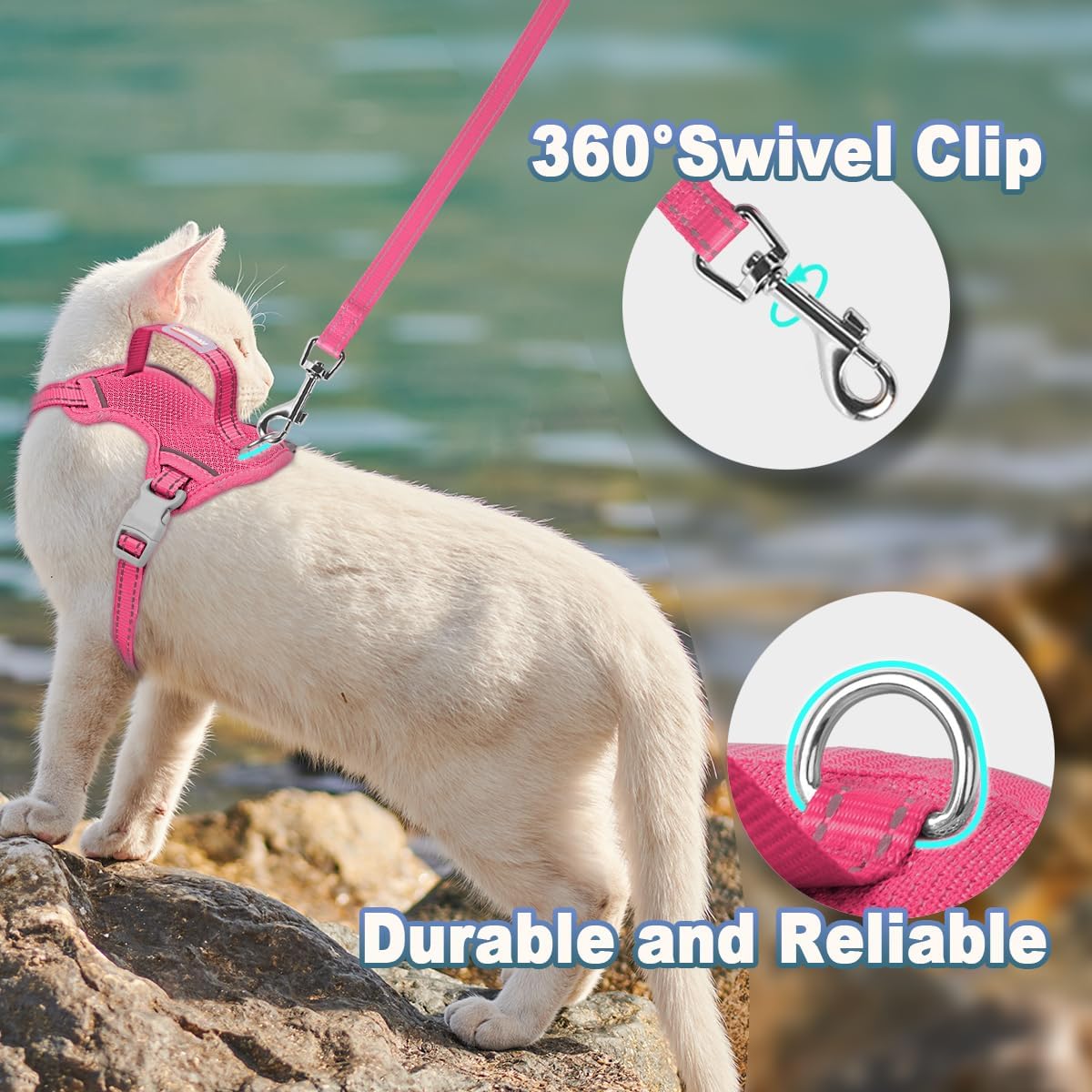 Premium five foot nylon cat leash attached to pink vest harness