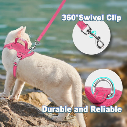 Premium five foot nylon cat leash attached to pink vest harness