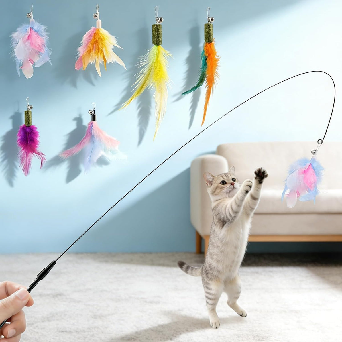 VavoPaw 4-in-1 Interactive Cat Toys for Indoor, Retractable Cat Wand Toy with Feather, Crinkle Paper Refills, Cats Enrichment Toys Teaser Wand for Bored Indoor Adult Cats and Kittens - Image 9