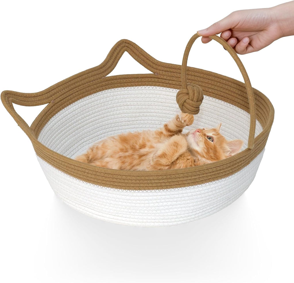 Weavelyrics cotton rope cat bed front view with toy