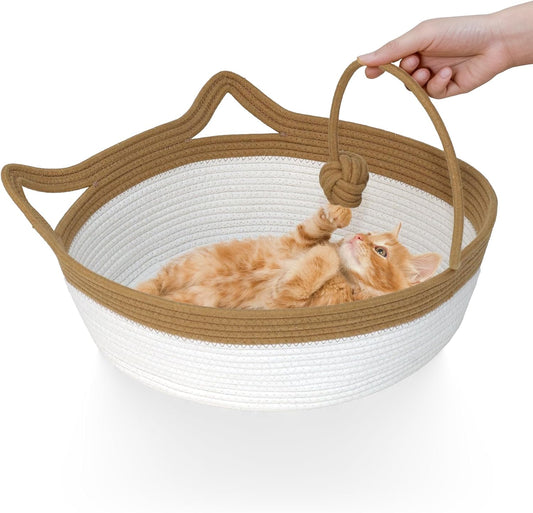Weavelyrics cotton rope cat bed front view with toy