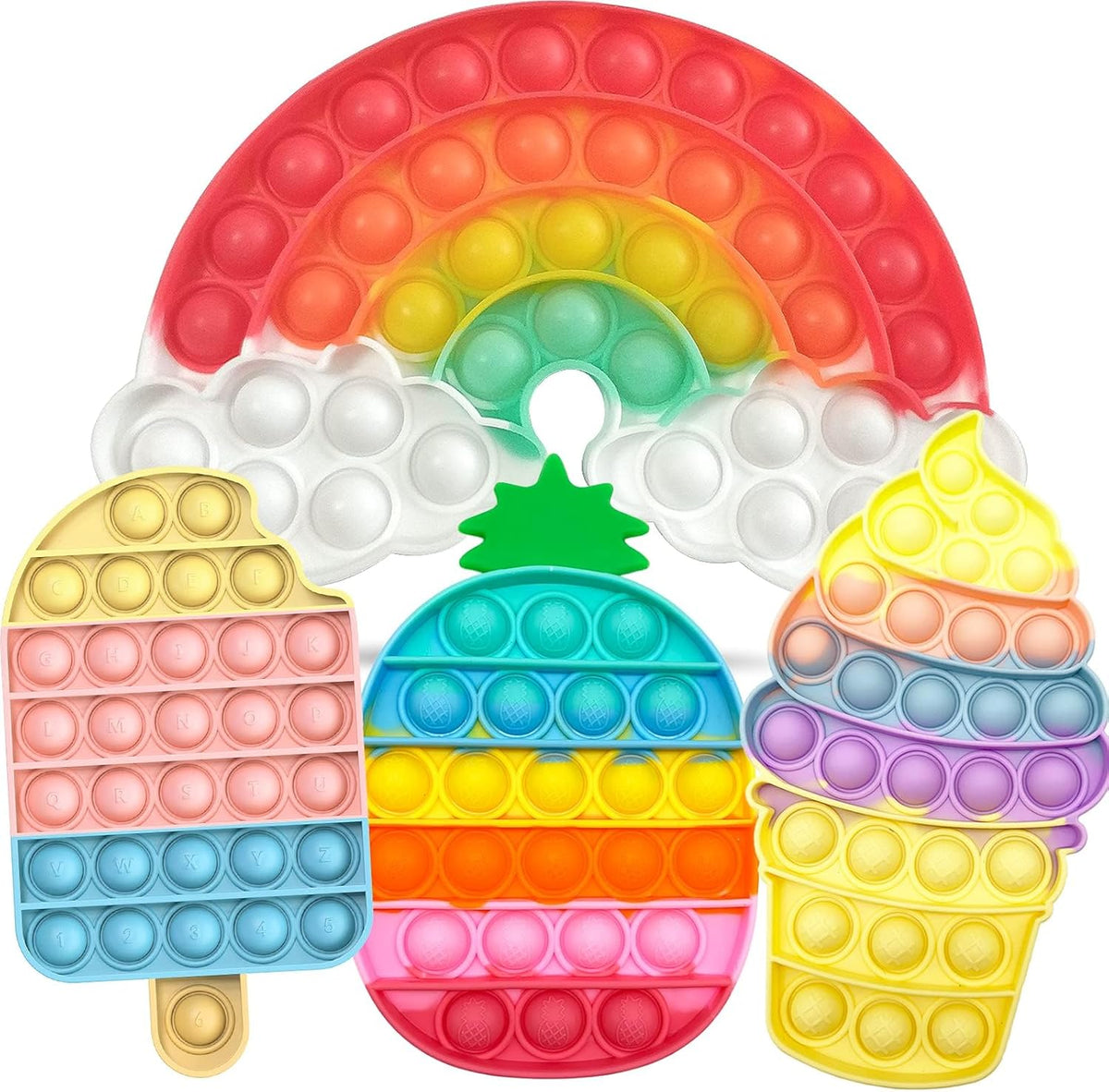 Qetrabone 4 piece rainbow push bubble fidget toy set front view