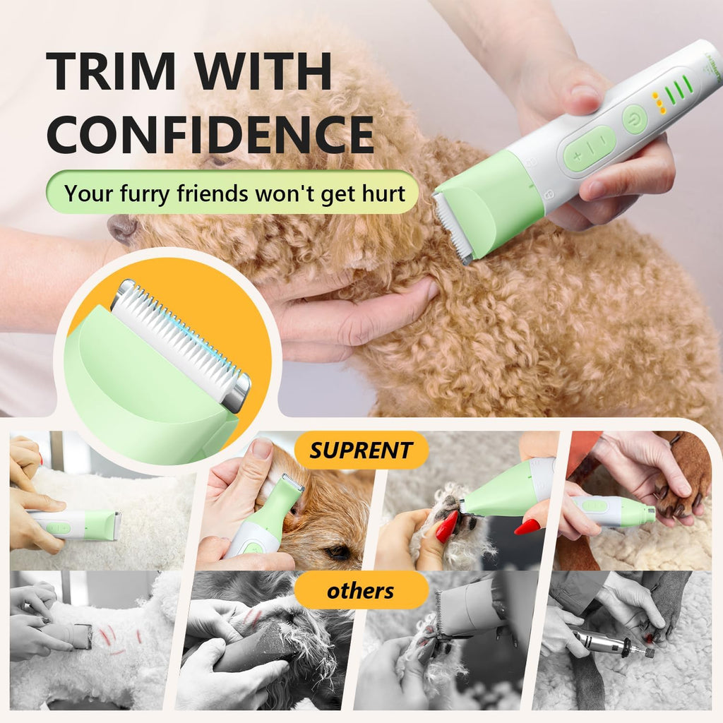 Ceramic blade pet trimmer cutting through thick dog coats and matted hair.