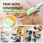 Ceramic blade pet trimmer cutting through thick dog coats and matted hair.