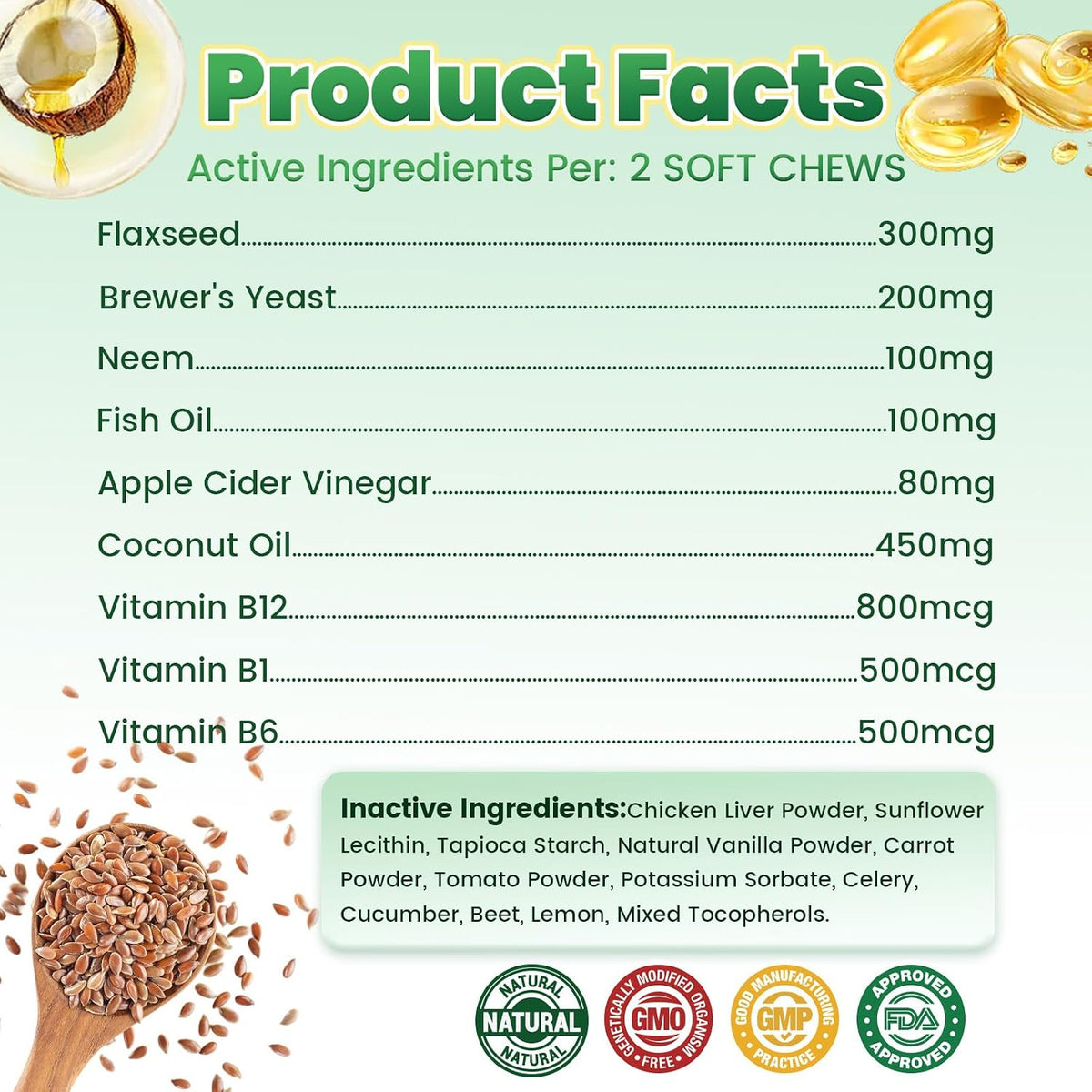 Nutritional facts panel for Cudory oral flea support showing vitamin content.