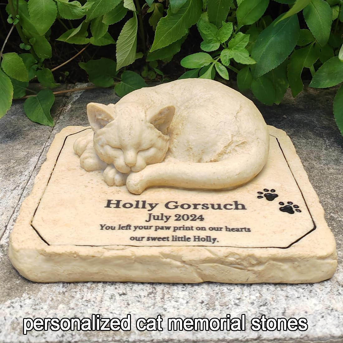 Weatherproof resin cat grave marker for outdoor display