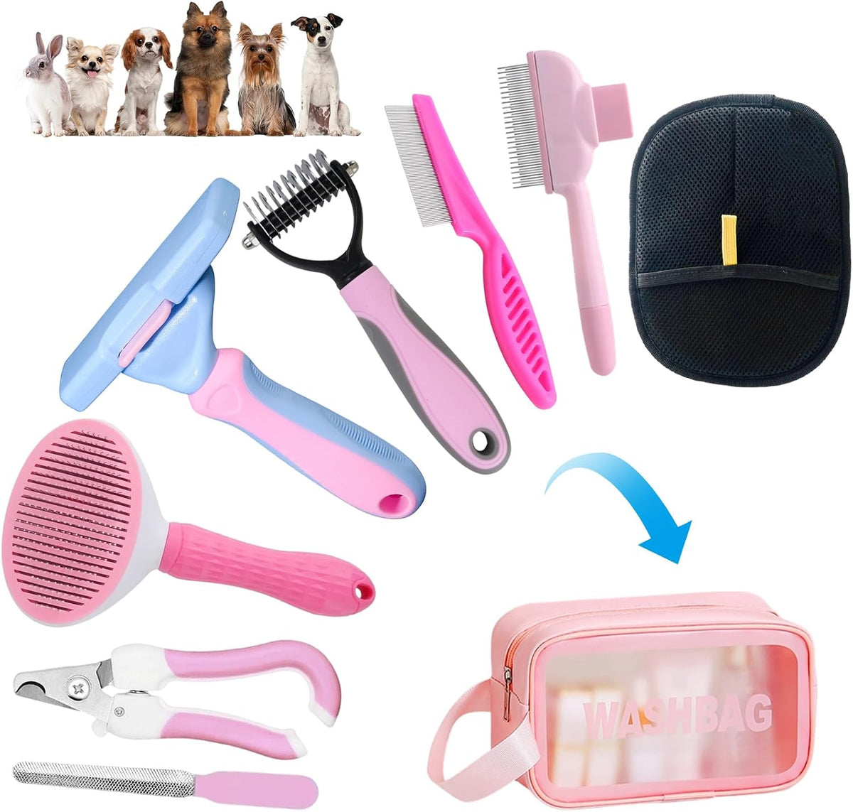 Aglads 8PCS Cat Rabbit Bunny Dog Grooming Kit,Self-Cleaning Brush,Nail Clipper,Grooming Glove,Massage Brush,Flea Comb,Towel&Travel Bag,Complete Grooming Tools for Long&Short Haired Pets(8, blue) - Image 10