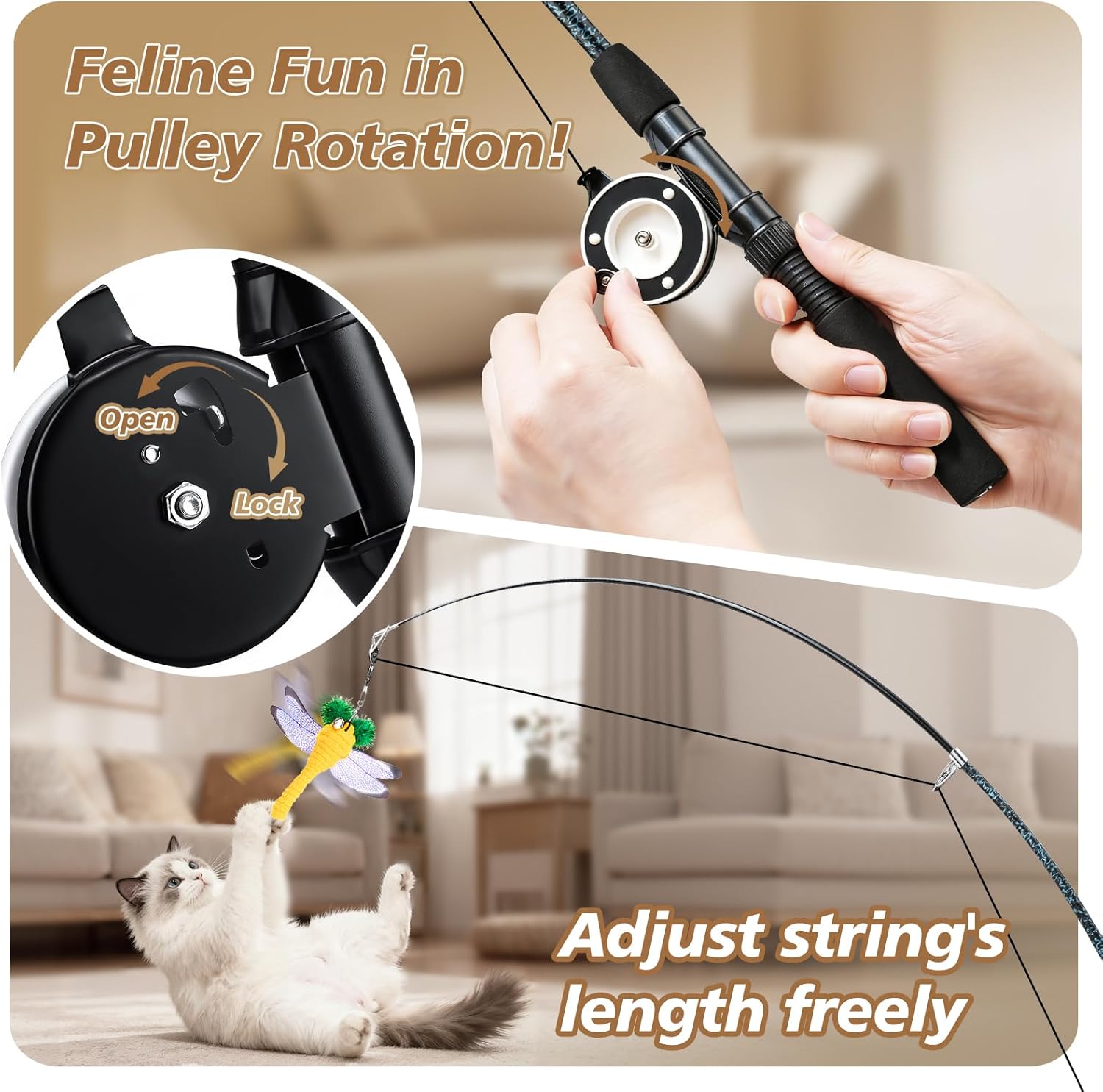 Pawababoo four pack cat wand hand operated pulley handle close up.