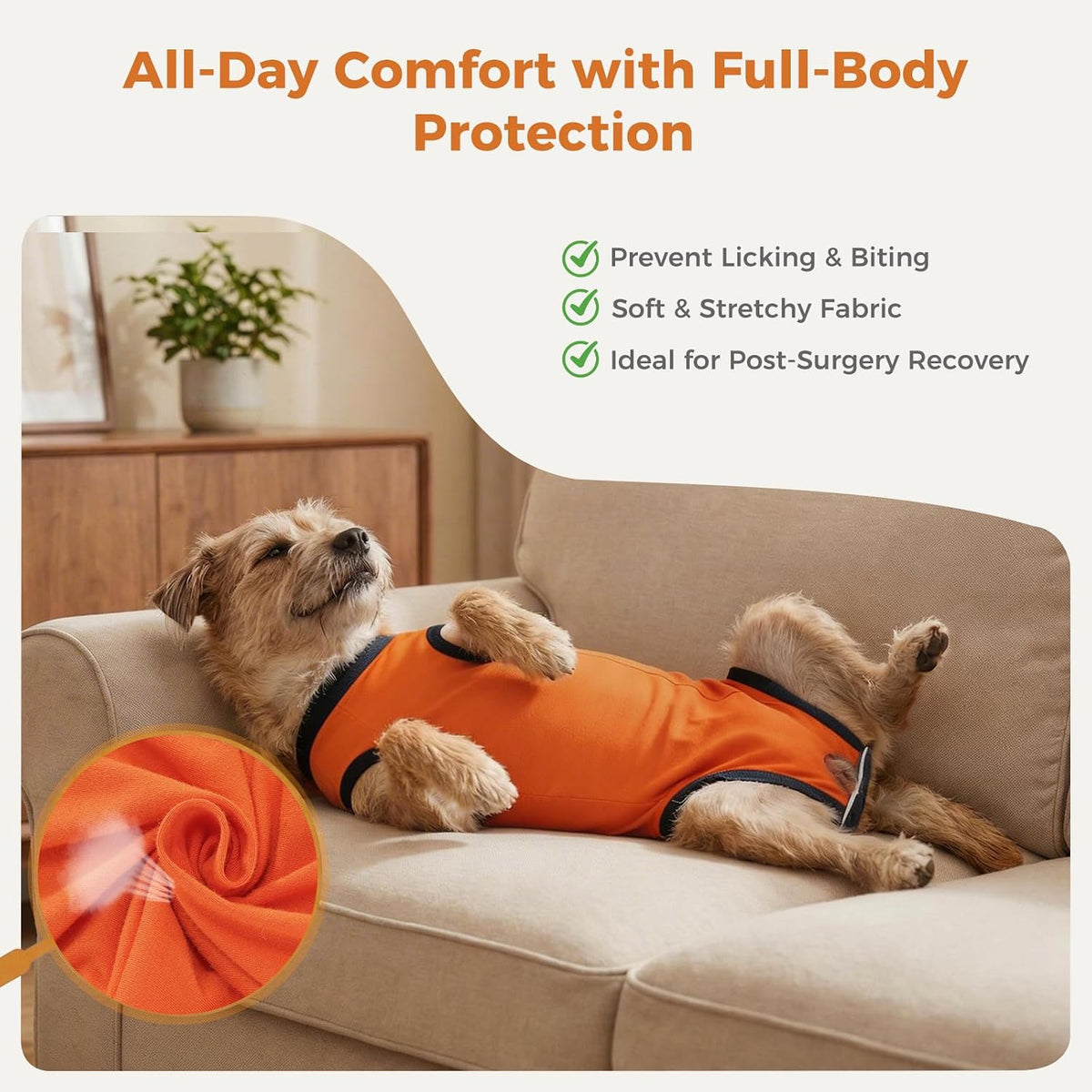 Avont dog onesie e collar alternative showing adjustable hook and loop fasteners
