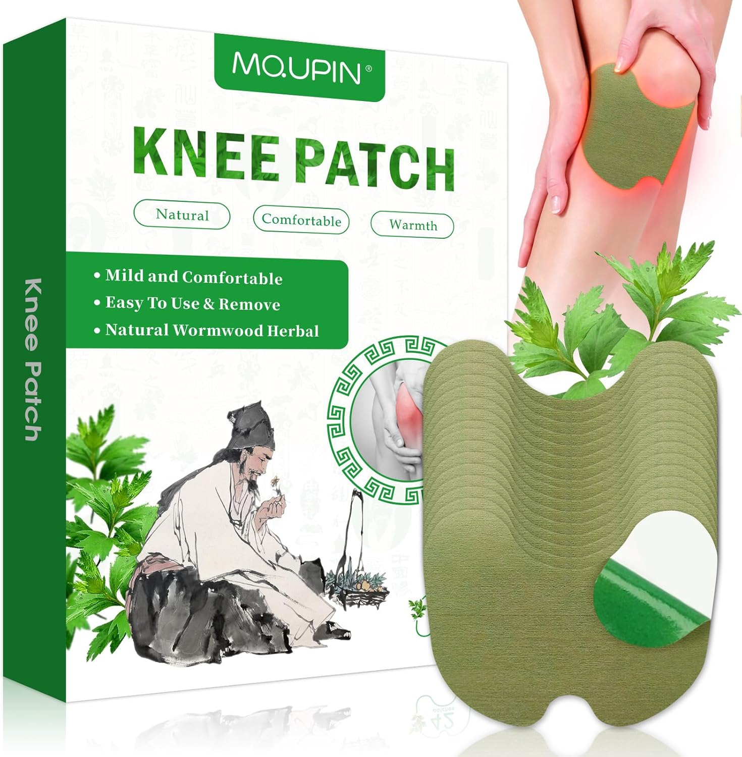 Vowel's Enterprise MQUPIN wormwood knee patches 42 count packaging front view for herbal pain relief.
