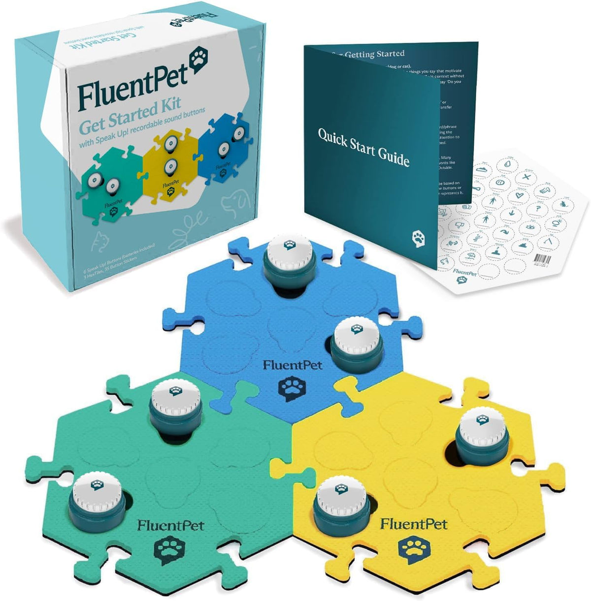 FluentPet Speak Up! Get Started Kit with Clearer Upward-Facing Sound | 6 Recordable Buttons w/Pre-Installed Batteries & 3 HexTile Button Mats | Training Dog & Cat Communication Buttons - Image 10