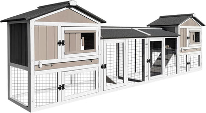 PetsCosset 114" L Rabbit Hutch Indoor and Outdoor 2-Story Rabbit Cage with Pull Out Tray,Fir Wood Guinea Pig Cages with Wooden Ramp,Waterproof Bunny Cage Indoor Bunny Hutch with 2 Asphalt Roofs,Grey - Image 1