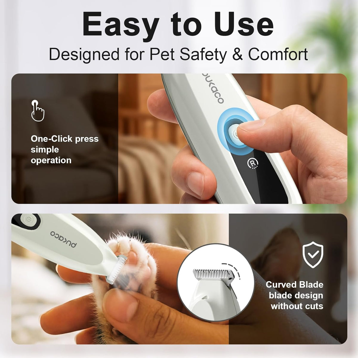 SEONEZU low noise pet trimmer being used gently on a small dog's paw pads.