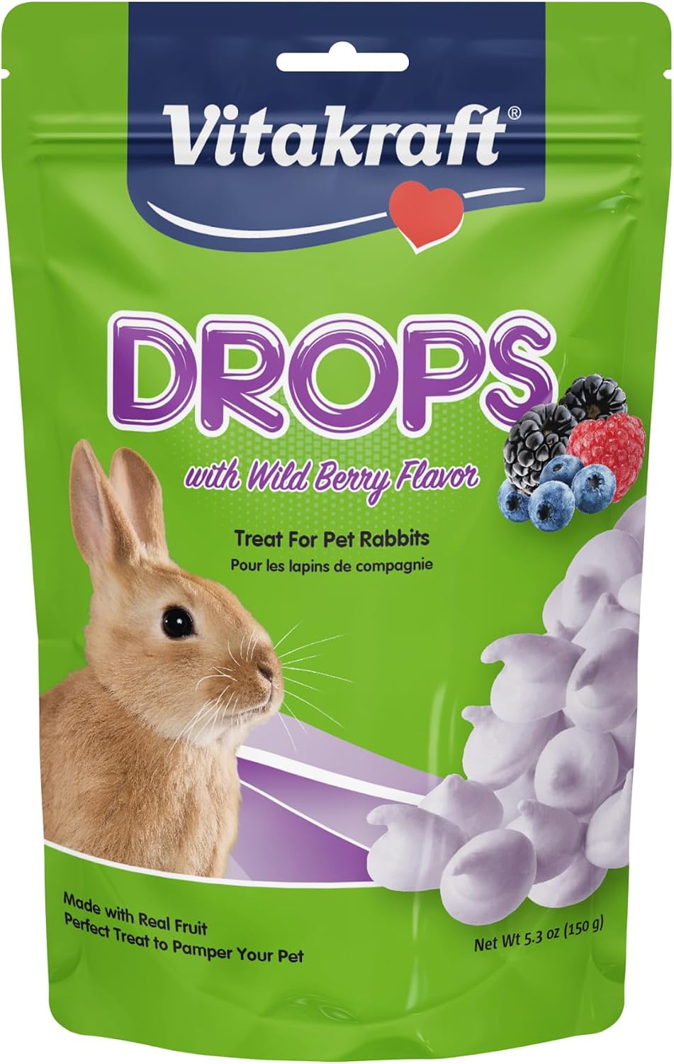 Vitakraft drops rabbit treats wildberry flavor front view pouch packaging