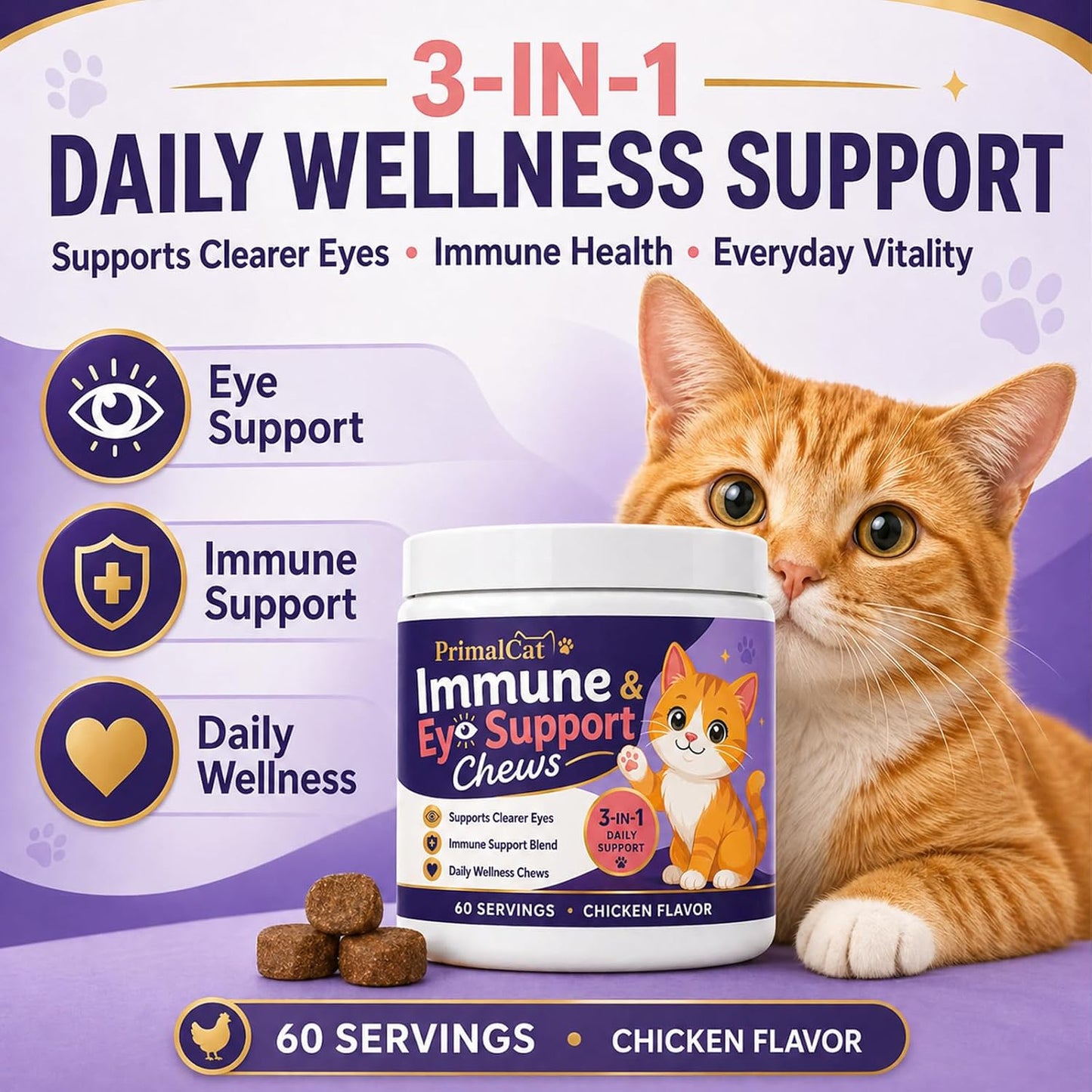 Side view of PrimalCat container highlighting nutritional benefits for feline eye health
