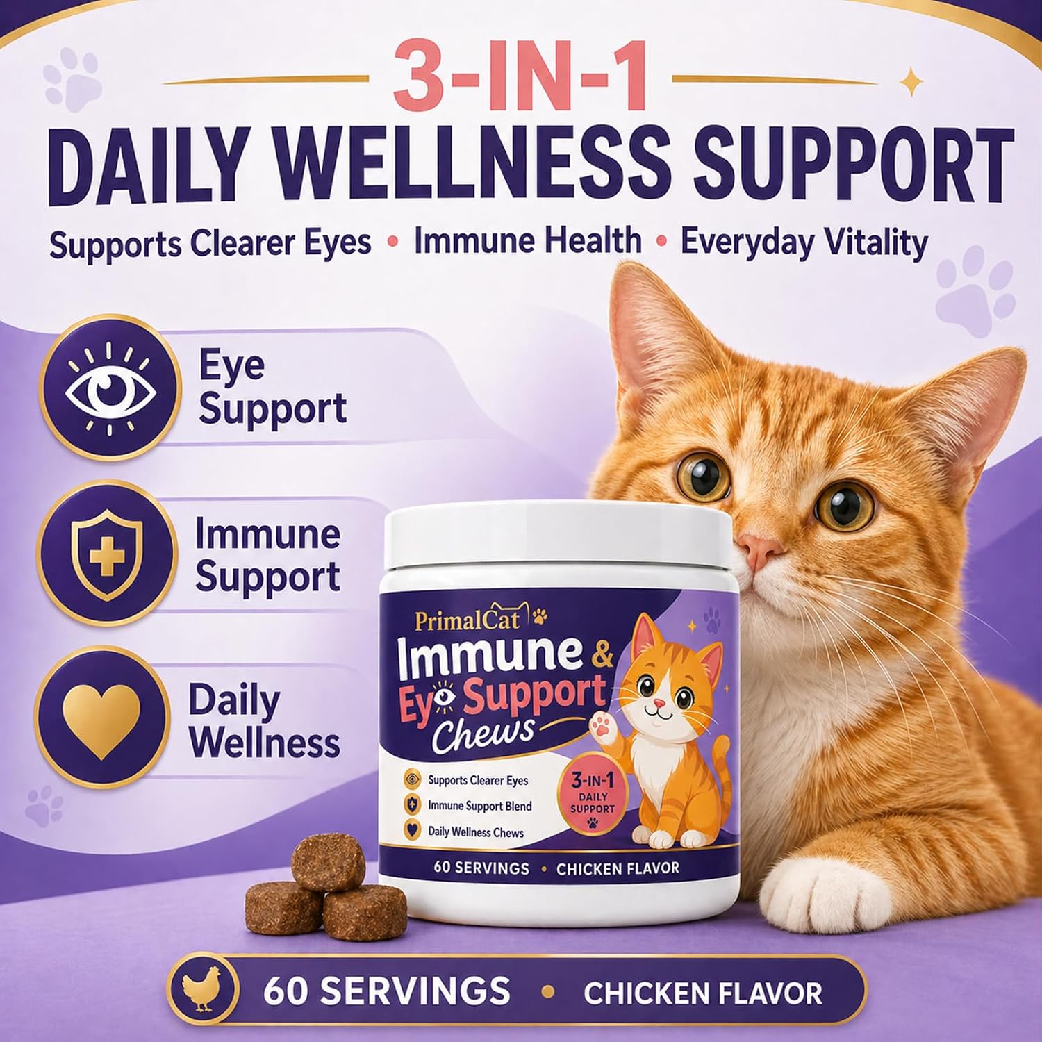 Side view of PrimalCat container highlighting nutritional benefits for feline eye health