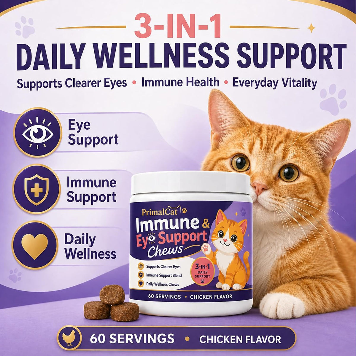Side view of PrimalCat container highlighting nutritional benefits for feline eye health