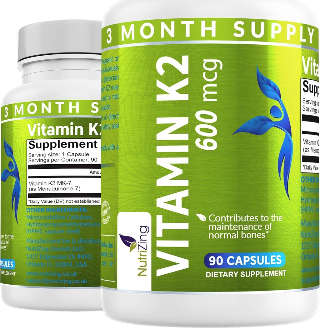 NutriZing Vitamin K2 MK7 600 Micrograms front view packaging bottle
