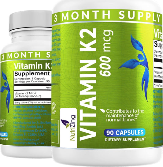 NutriZing Vitamin K2 MK7 600mcg 90 Vegan Capsules supplement bottle front view