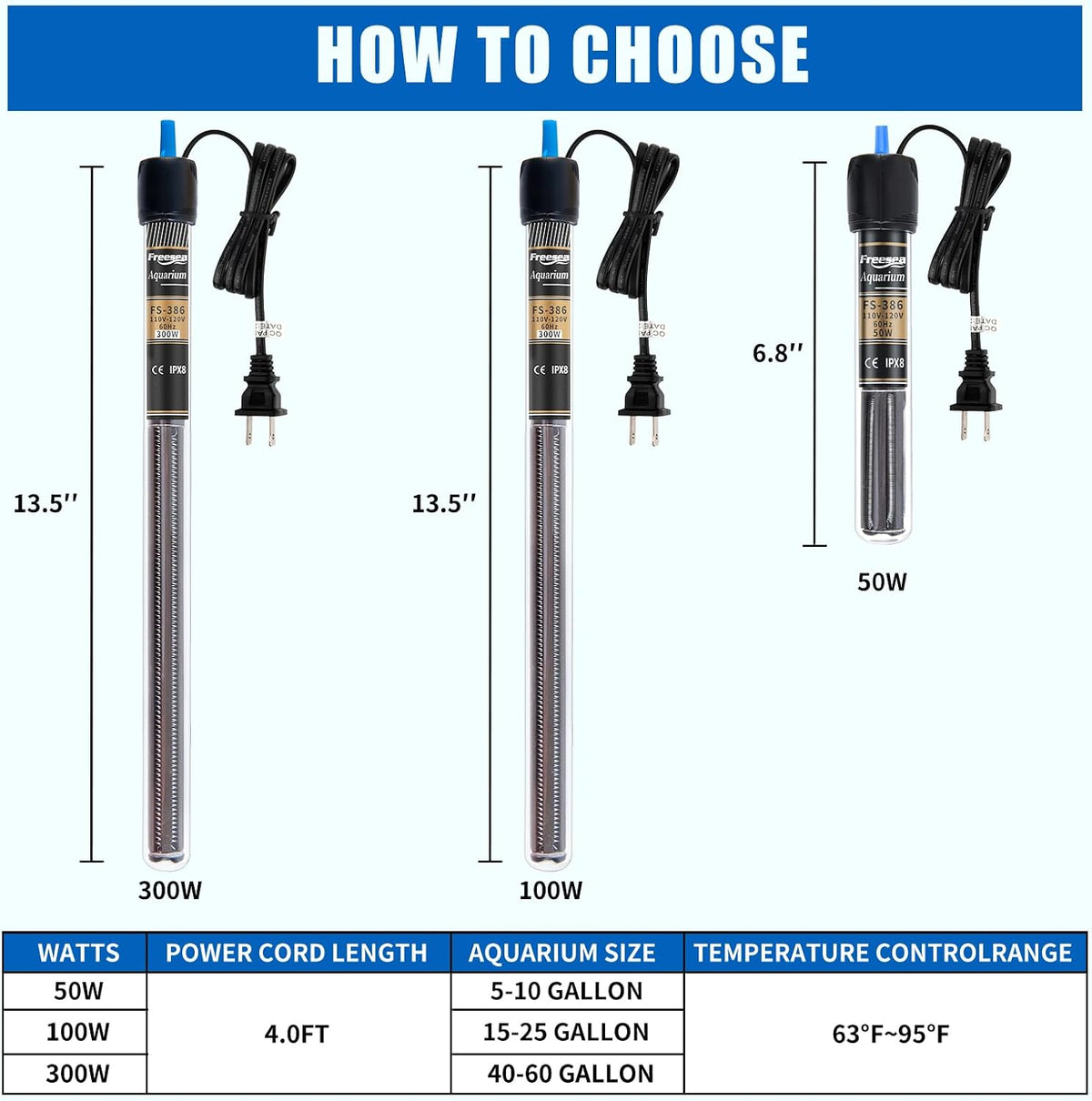 Freesea 300 watt fish tank heater heating rod