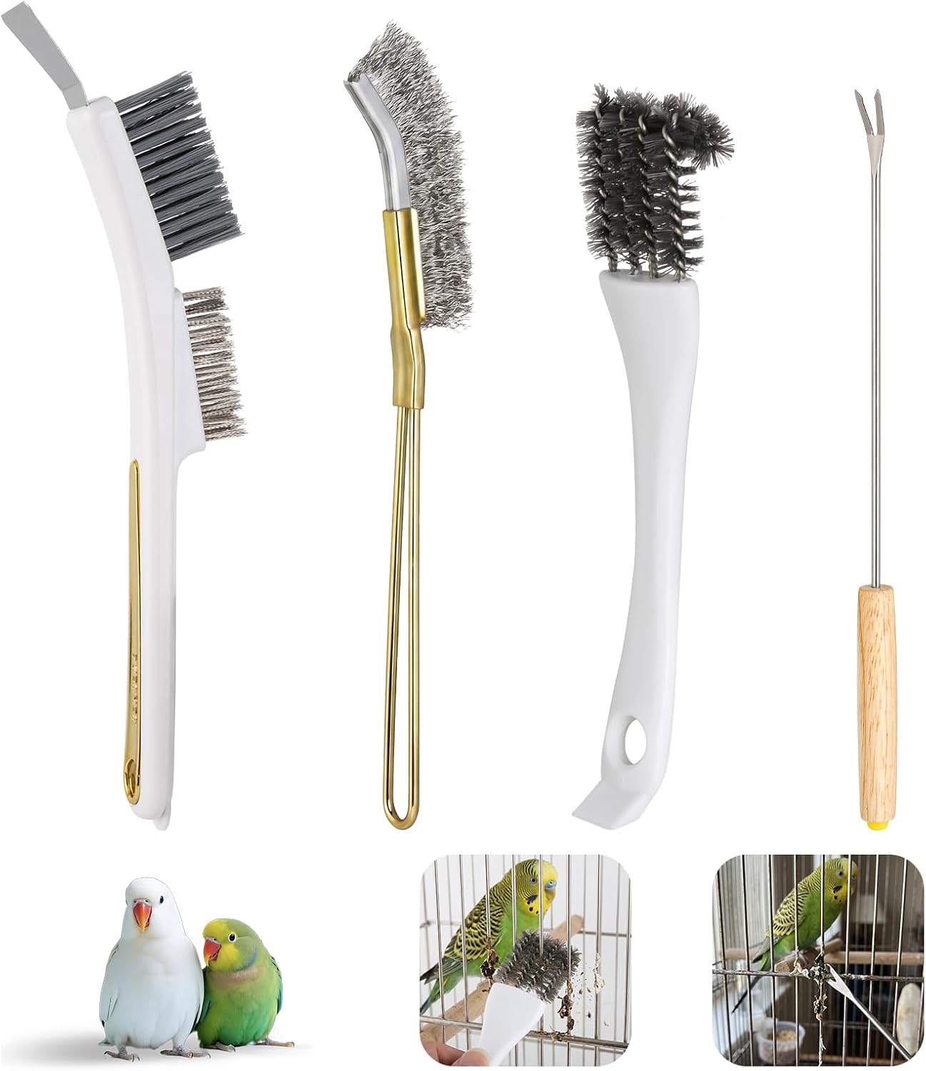 Teaaha bird cage cleaner brush kit front view displaying dual-head design with white handle and gold accents