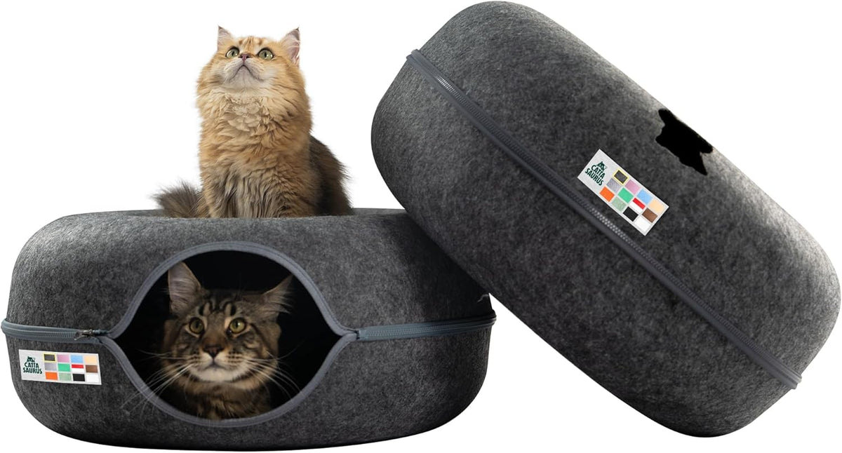 Cattasaurus Peekaboo Cat Cave Donut for Multiple & Large Cats up to 30-45 lbs, 3-in-1 Self Warming Cat Bed, Tunnel & Scratcher for Indoor Cats, Washable & Detachable Small Dog Bed (Light Gray, Large) - Image 10