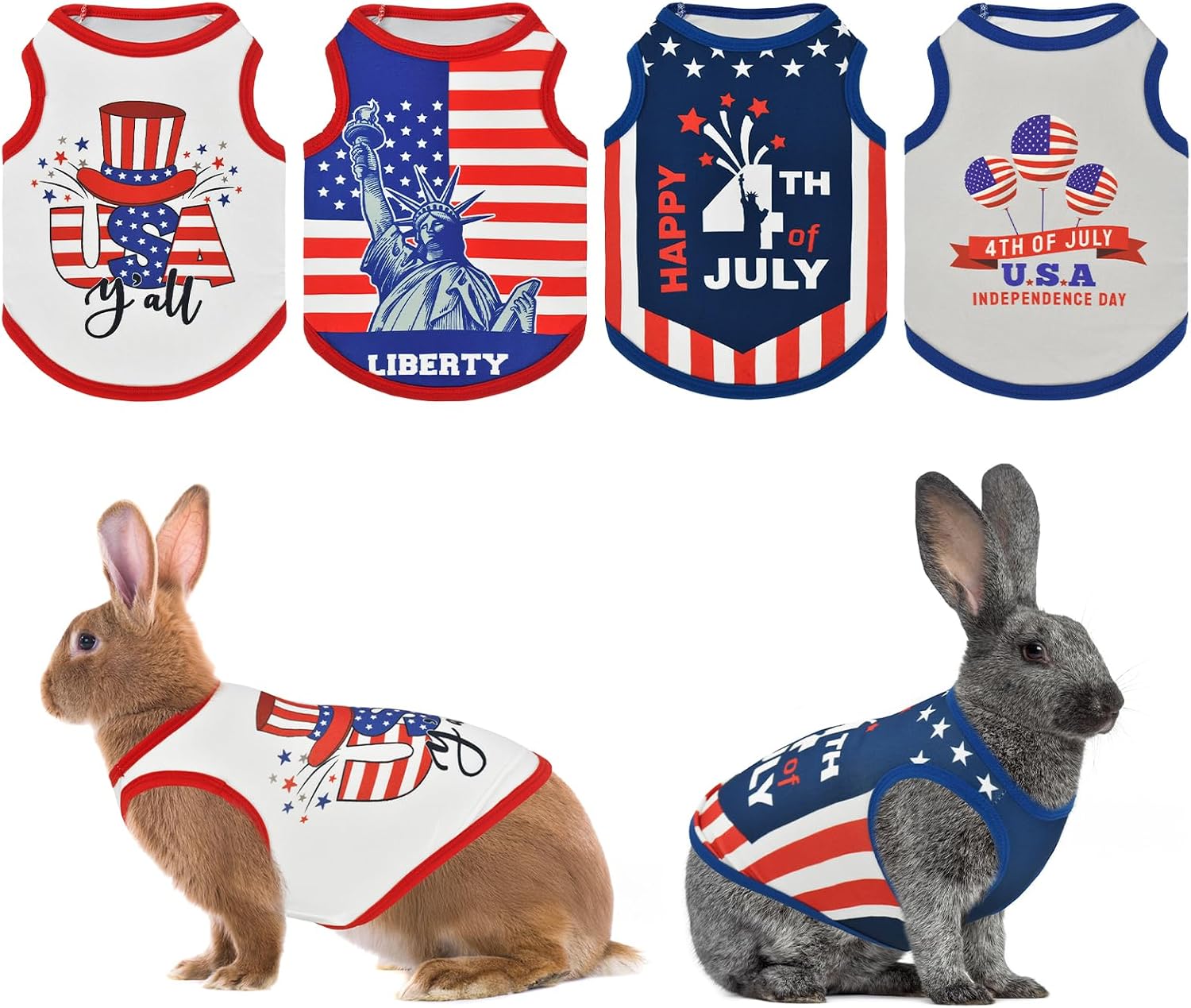 Vehomy Fourth of July small pet clothes front view showing patriotic American flag pattern on a bunny.