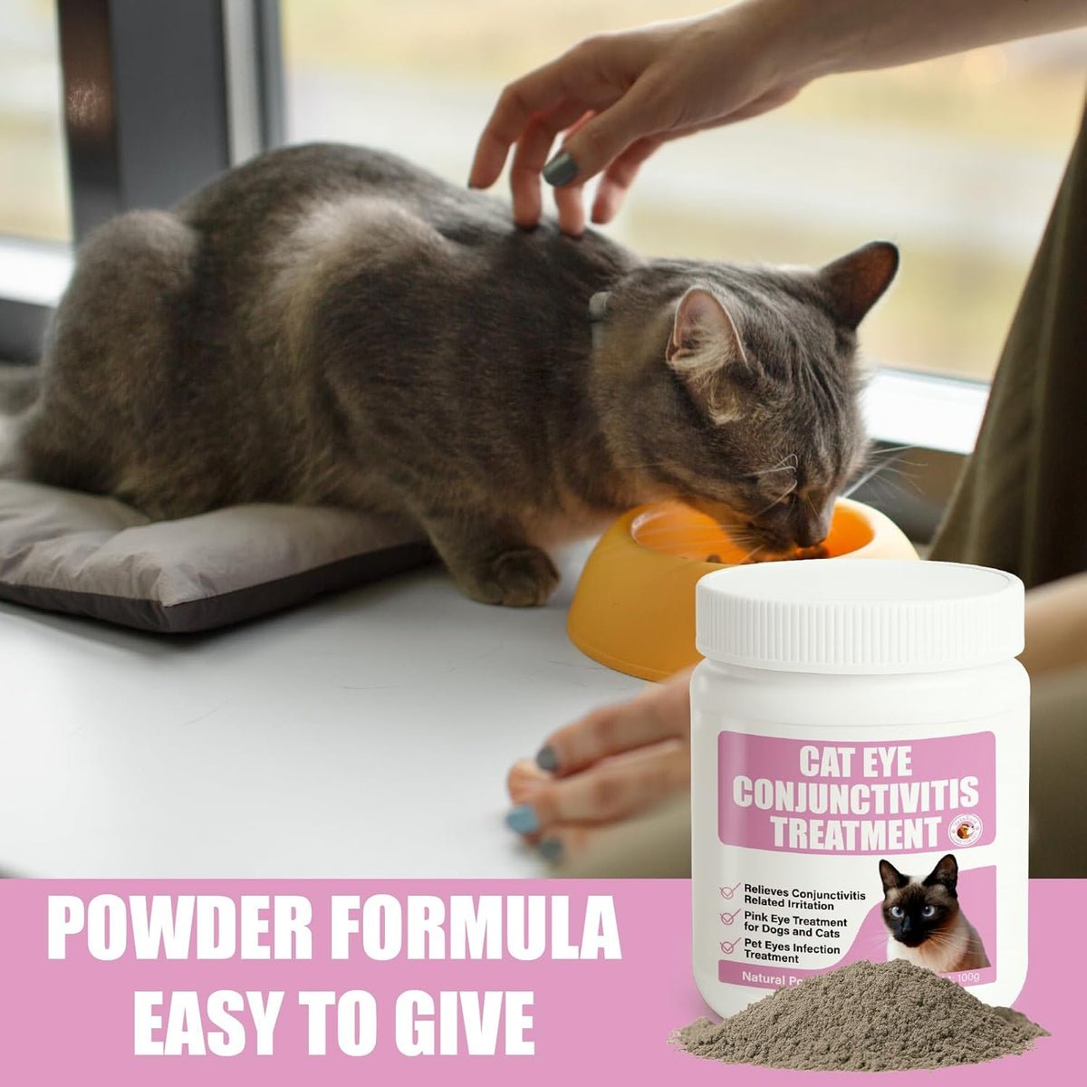 Pet safe alternative to cat eye drops showing the safe powder formulation