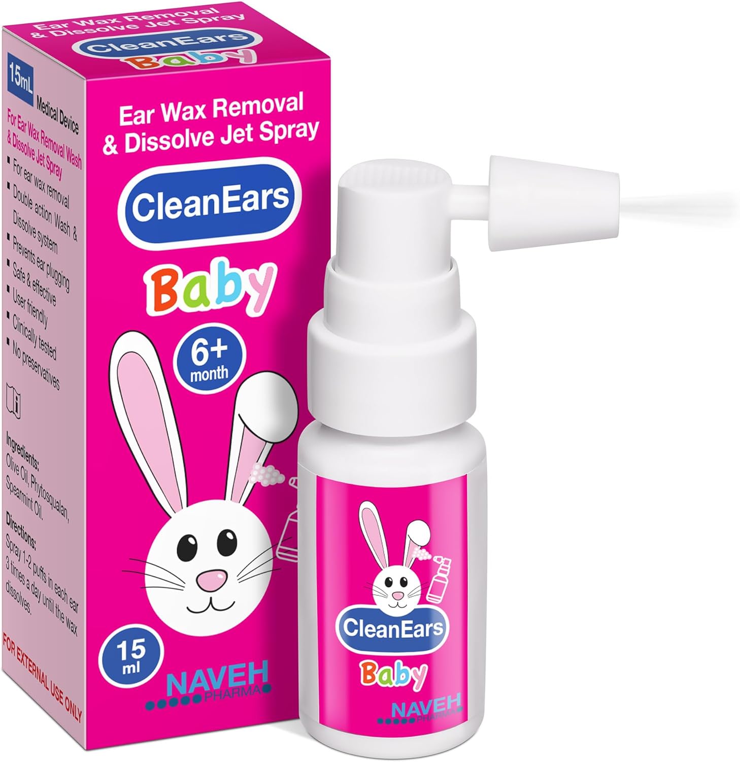 Naveh Pharma CleanEars Baby spray bottle front view for infant ear care.