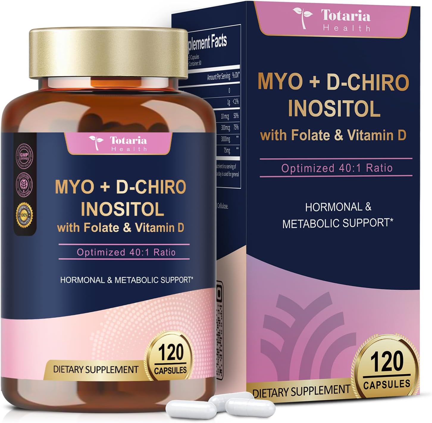 Totaria Myo and D-Chiro Inositol 120 capsules front view bottle for women's hormonal health.