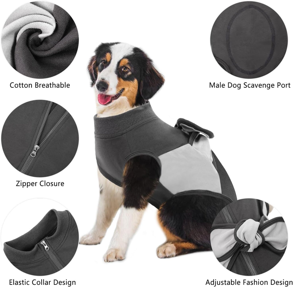 Close-up view of the customizable potty break design on the dog recovery garment.