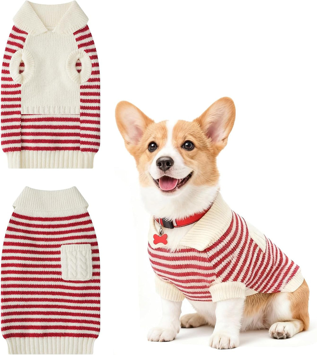 Small Dog Sweater with Zipper, Knitted Striped Pullover Dog Clothes for Cold Weather, Thick Warm Cozy Stretchy Sweater for Chihuahua, Bulldog, Dachshund, Pug(Red & White Strip, S) - Image 11