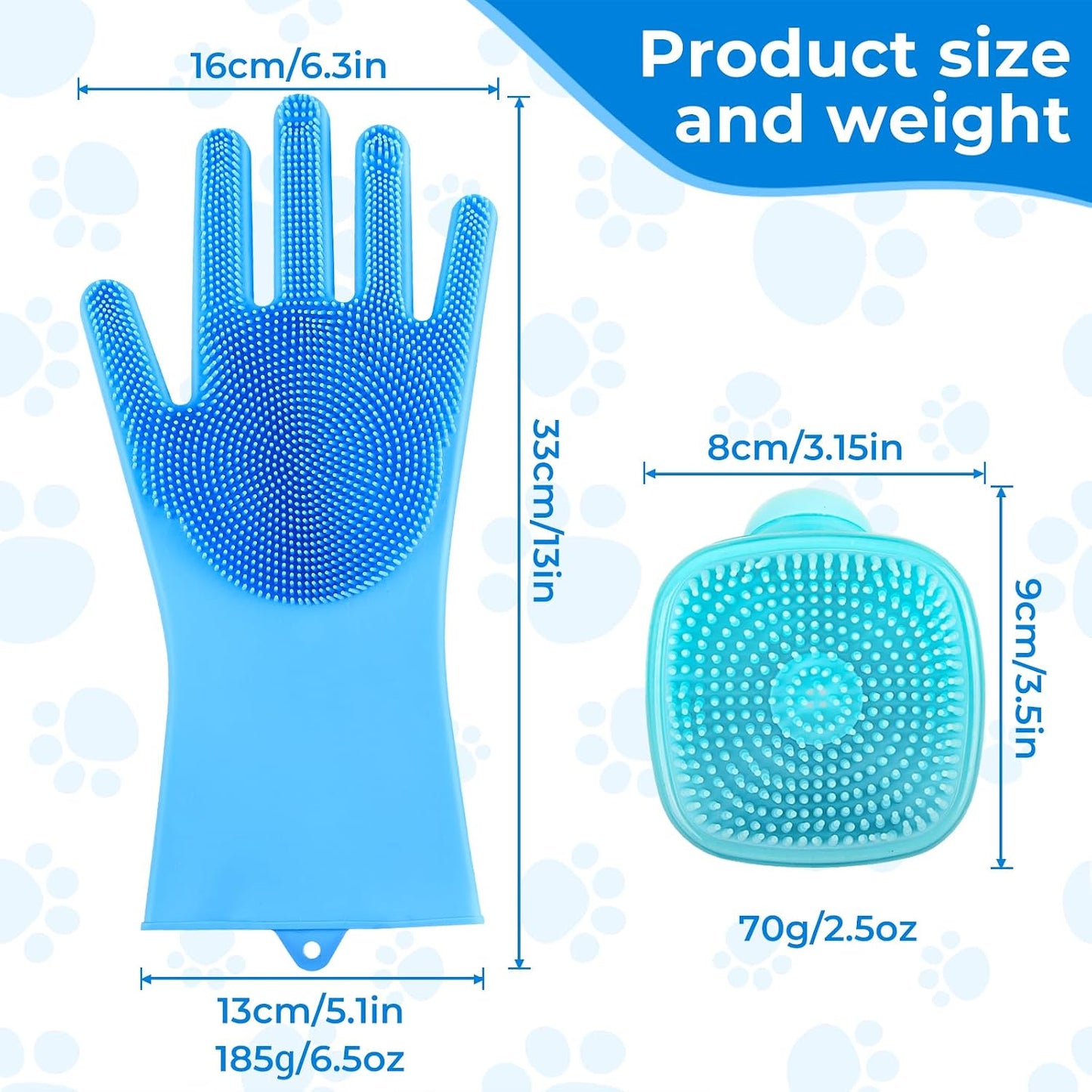 Ergonomic pet grooming gloves and soap reservoir scrubber set for home spa.