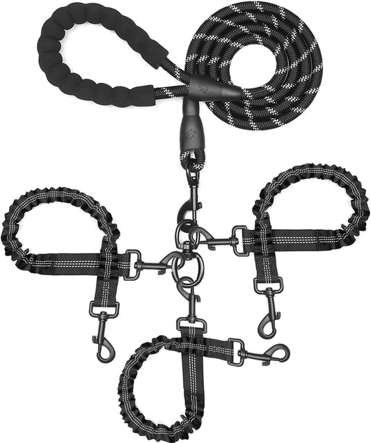 NEOGULY 3 dog leash front view showing black heavy duty nylon rope with three detachable bungee leads.