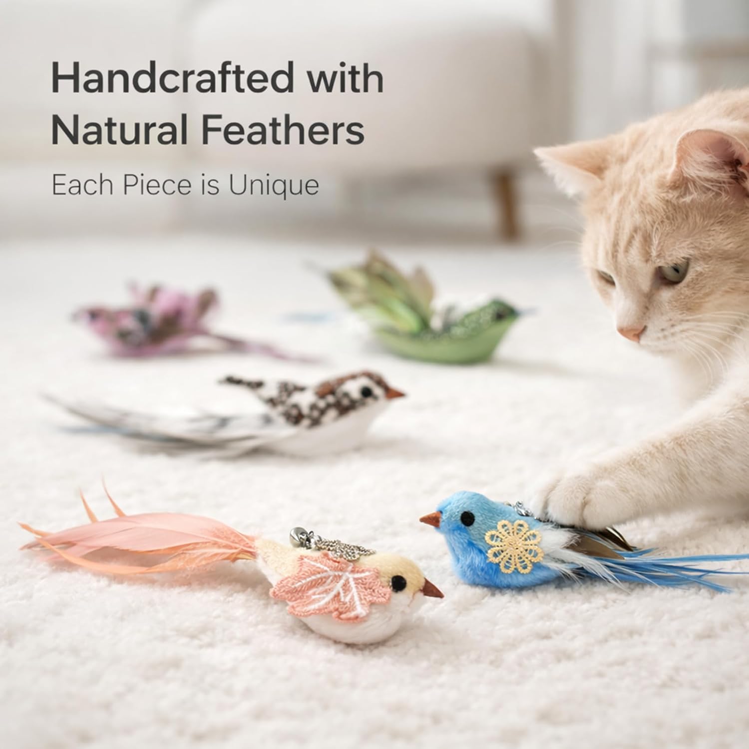 Zaylumo realistic bird refills being attached to an interactive cat fishing rod wand.