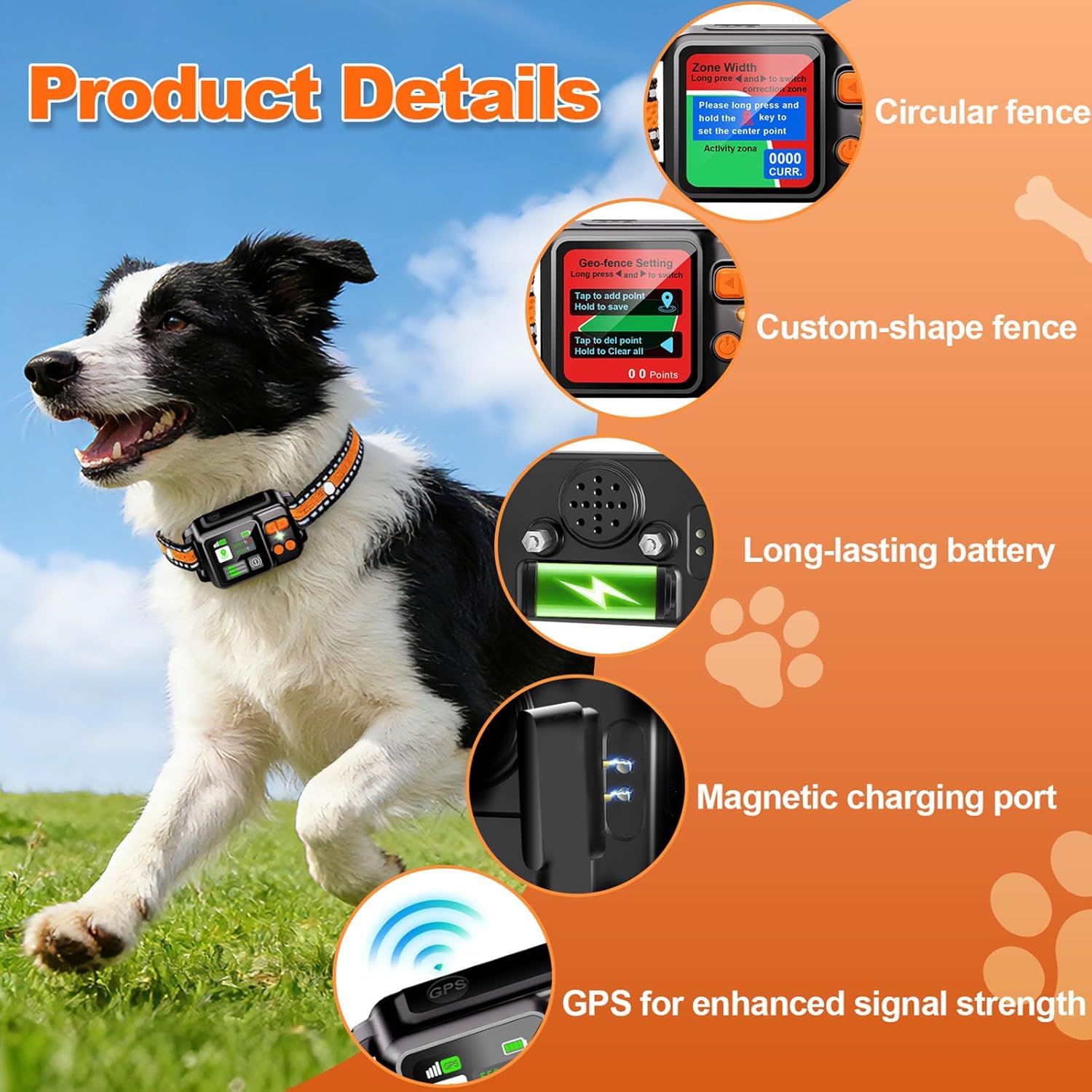 Adjustable GPS containment collar for medium to large dogs showing comfortable neck fitment.
