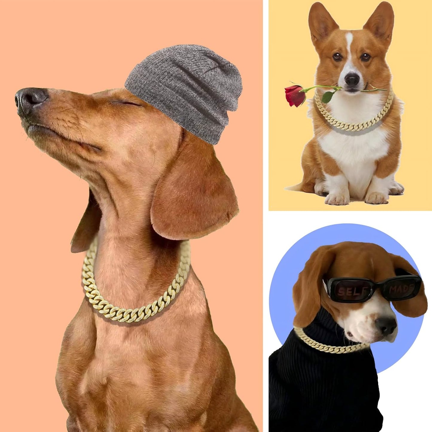 Side view of the luxury gold dog necklace emphasizing the lightweight metal structure and premium secure lock design.