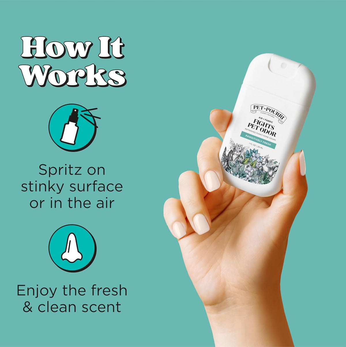 Compact travel ready 30 ml bottle of pet odor neutralizer with Funk Lock technology