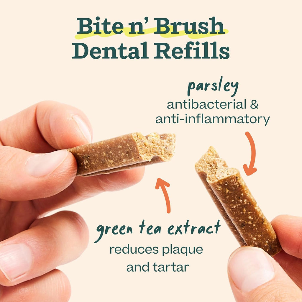 Close up of Woof chicken flavored dental treats for dogs