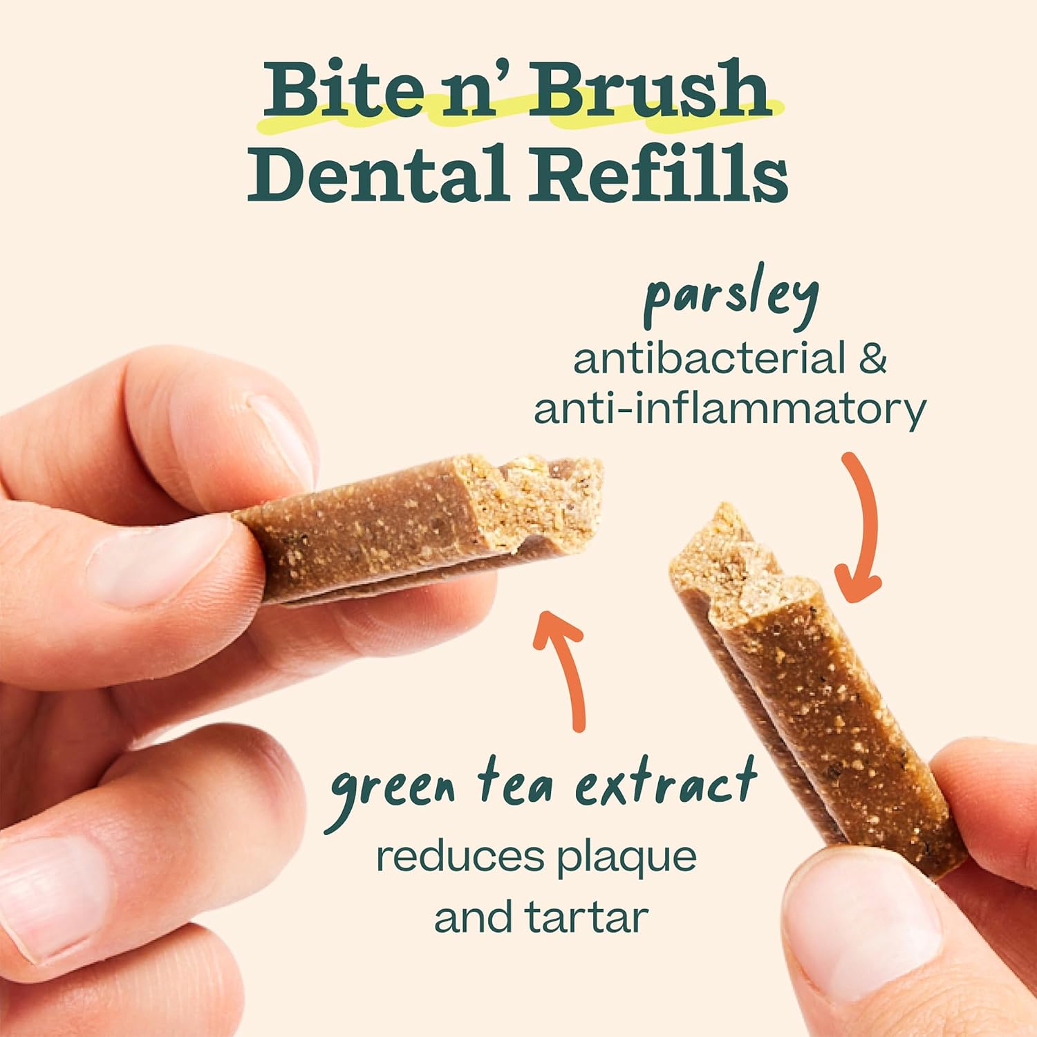 Close up of Woof chicken flavored dental treats for dogs
