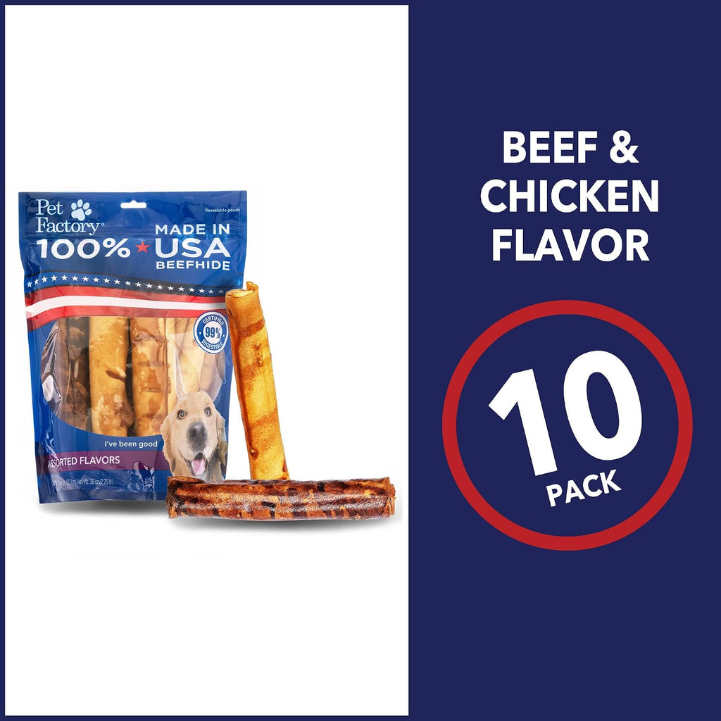 Pet Factory 10 count dog chew treats package displaying Global Food Safety Initiative certification