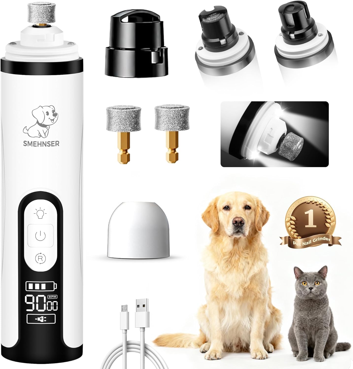 PleySyncz silent dog nail grinder front view with LED light.